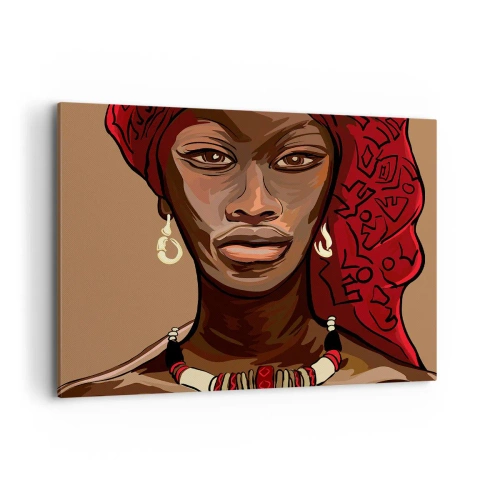 Impression sur toile - Image sur toile - Portrait d'une femme au turban rouge sur fond beige - 100x70cm - Vénus d'ébène - Décoration murale moderne pour le salon et la chambre ARTTOR