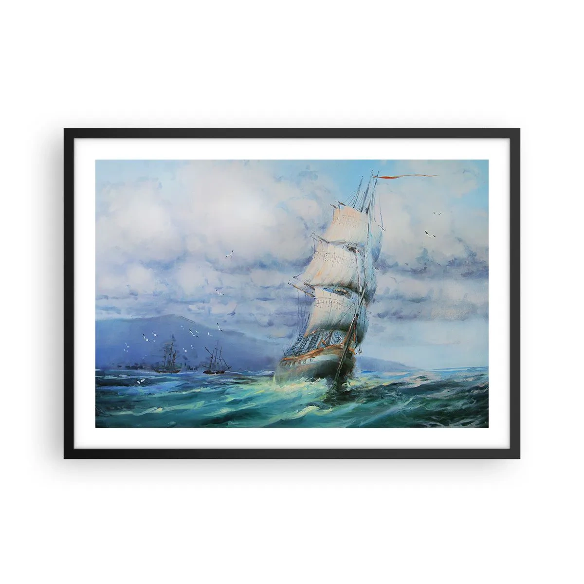 Affiche dans un cadre noir - Poster - Un navire sur une mer agitée - 70x50cm - Vents favorables - Décoration murale moderne pour le salon et la chambre ARTTOR