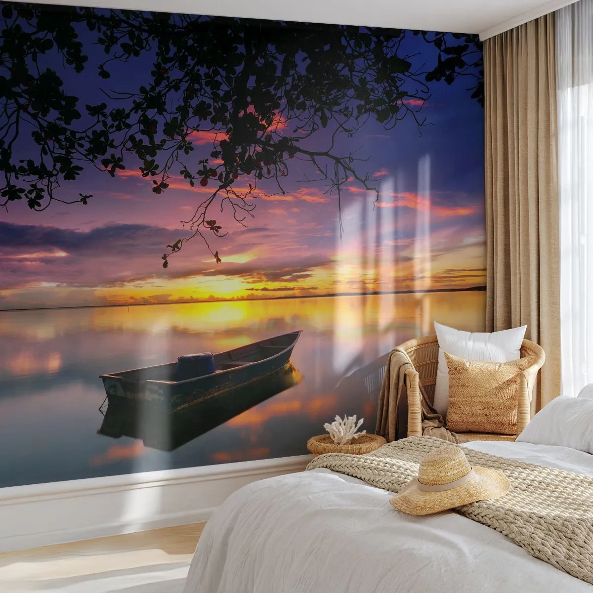 Papier Peint Photo Premium Canvas - Un bateau sur une eau calme au coucher du soleil - 100x70cm - "Tu sembles suspendu au milieu du ciel..." - Décoration murale moderne pour le salon et la chambre ARTTOR