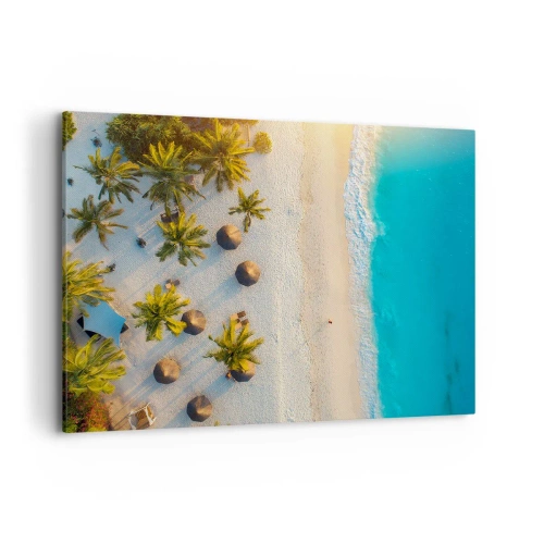 Impression sur toile - Image sur toile - Vue d'une plage tropicale avec des palmiers et une mer turquoise - 100x70cm - Bienvenue au paradis - Décoration murale moderne pour le salon et la chambre ARTTOR