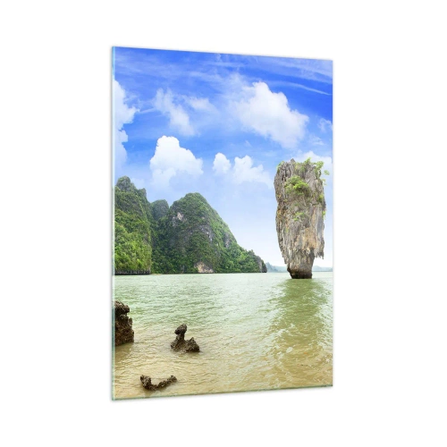 Impression sur verre - Image sur verre - Un rocher dans l'eau entouré d'îles tropicales - 50x70cm - Merveilles rocheuses de la nature - Décoration murale moderne pour le salon et la chambre ARTTOR