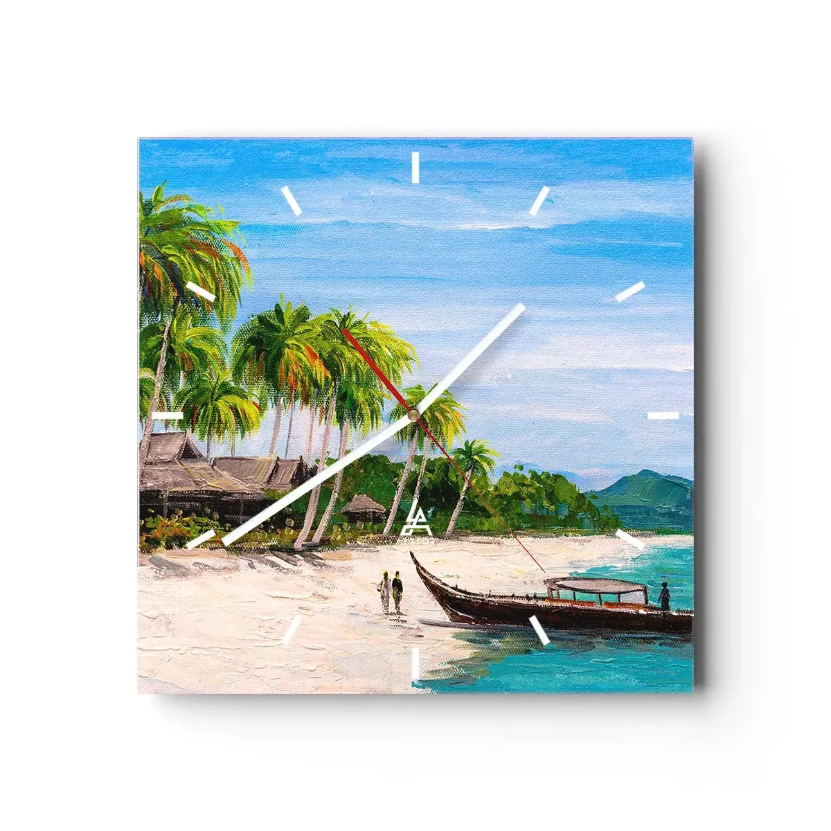 Horloge murale - Pendule murale - Une plage exotique avec des palmiers et un bateau sur le rivage - 30x30cm - Rêve exotique - Décoration murale moderne pour le salon et la chambre ARTTOR