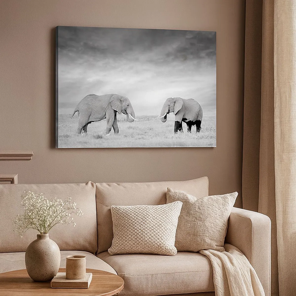 Impression sur toile - Image sur toile - Deux éléphants sur fond de savane africaine - 70x50cm - Le gris est beau - Décoration murale moderne pour le salon et la chambre ARTTOR