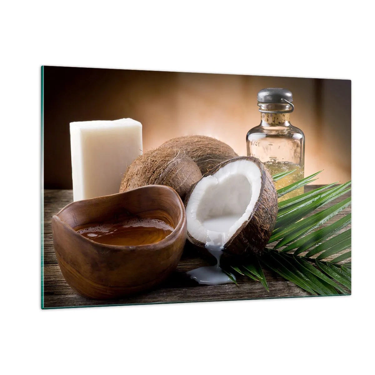 Impression sur verre - Image sur verre - Ingrédients naturels avec de la noix de coco et de l'huile sur un fond en bois - 120x80cm - Santé des îles tropicales - Décoration murale moderne pour le salon et la chambre ARTTOR