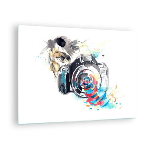 Impression sur verre - Image sur verre - Appareil photo avec des éléments colorés abstraits - 70x50cm - Dans l'oeil de l'objectif - Décoration murale moderne pour le salon et la chambre ARTTOR