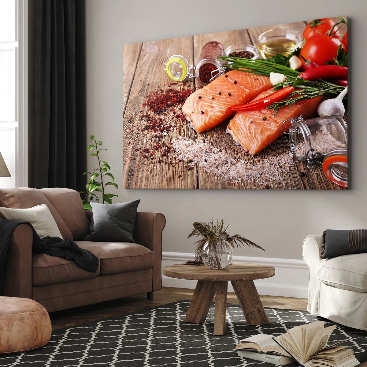 Impression sur toile - Image sur toile - Filets de saumon aux épices sur fond de bois - 120x80cm - Aventure norvégienne dans la cuisine - Décoration murale moderne pour le salon et la chambre ARTTOR