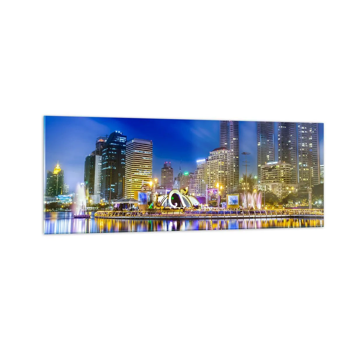 Impression sur verre - Image sur verre - Panorama nocturne de la ville avec les lumières reflétées sur l'eau - 140x50cm - Nuit arc-en-ciel de la métropole - Décoration murale moderne pour le salon et la chambre ARTTOR