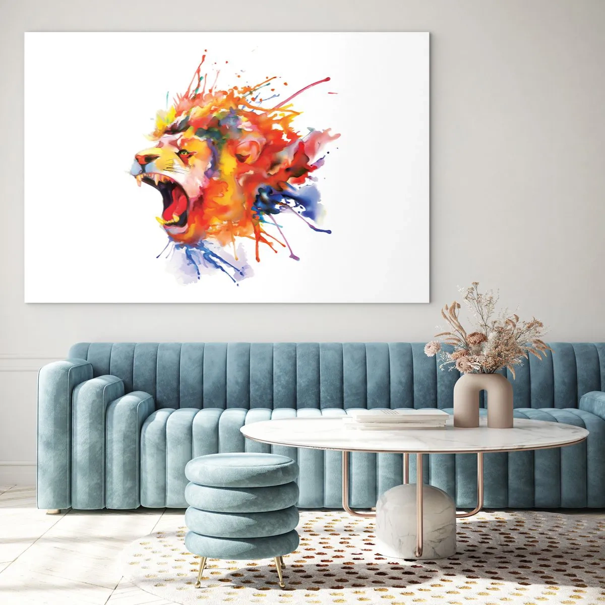 Impression sur verre - Image sur verre - Lion coloré dans un style aquarelle sur fond blanc - 70x50cm - exploser de colère - Décoration murale moderne pour le salon et la chambre ARTTOR
