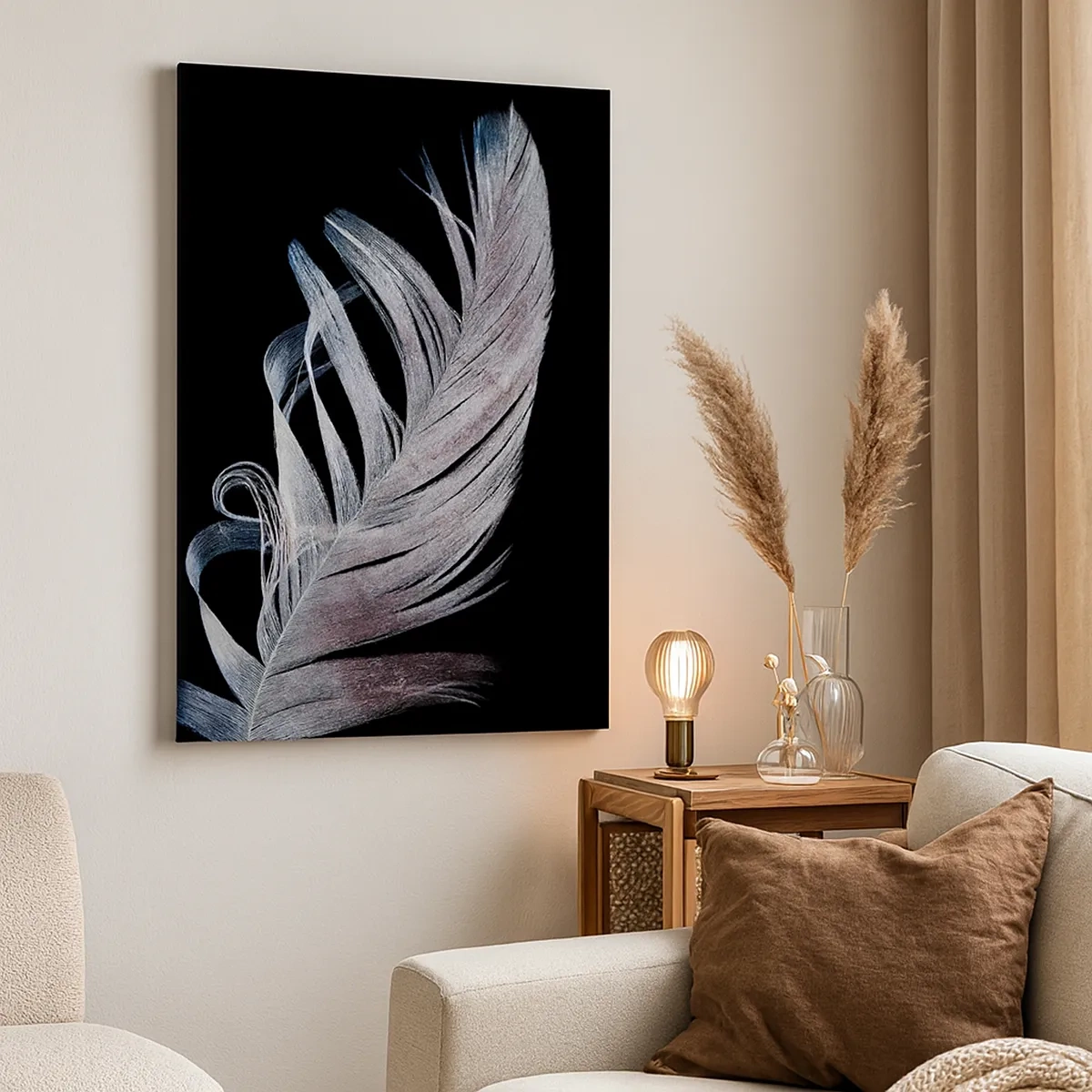 Impression sur toile - Image sur toile - Une plume délicate sur fond noir dans une démarche artistique - 50x70cm - Pensez au toucher - Décoration murale moderne pour le salon et la chambre ARTTOR