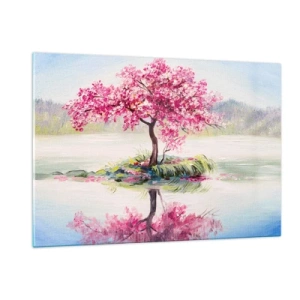 Impression sur verre - Image sur verre - Un arbre rose sur une île se reflétant dans l'eau calme - 120x80cm - Fête du Printemps - Décoration murale moderne pour le salon et la chambre ARTTOR