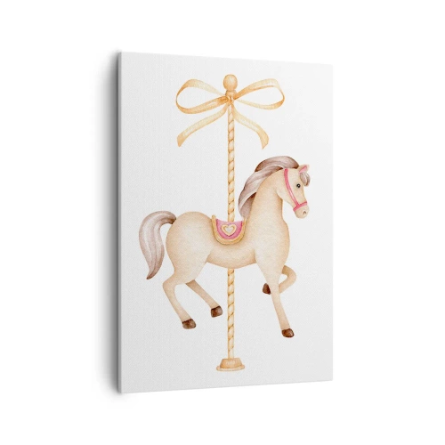 Impression sur toile - Image sur toile - Un cheval de carrousel avec un arc dans des pastels délicats - 50x70cm - Un trot gracieux - Décoration murale moderne pour le salon et la chambre ARTTOR