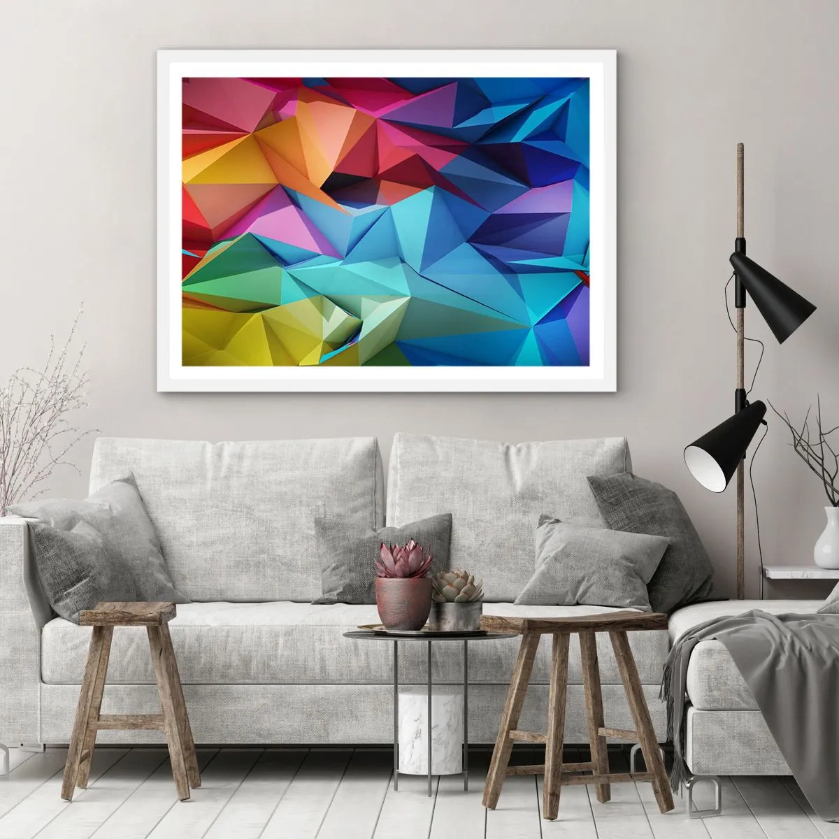 Affiche dans un cadre blanc - Poster - Origami arc-en-ciel - 70x50 cm