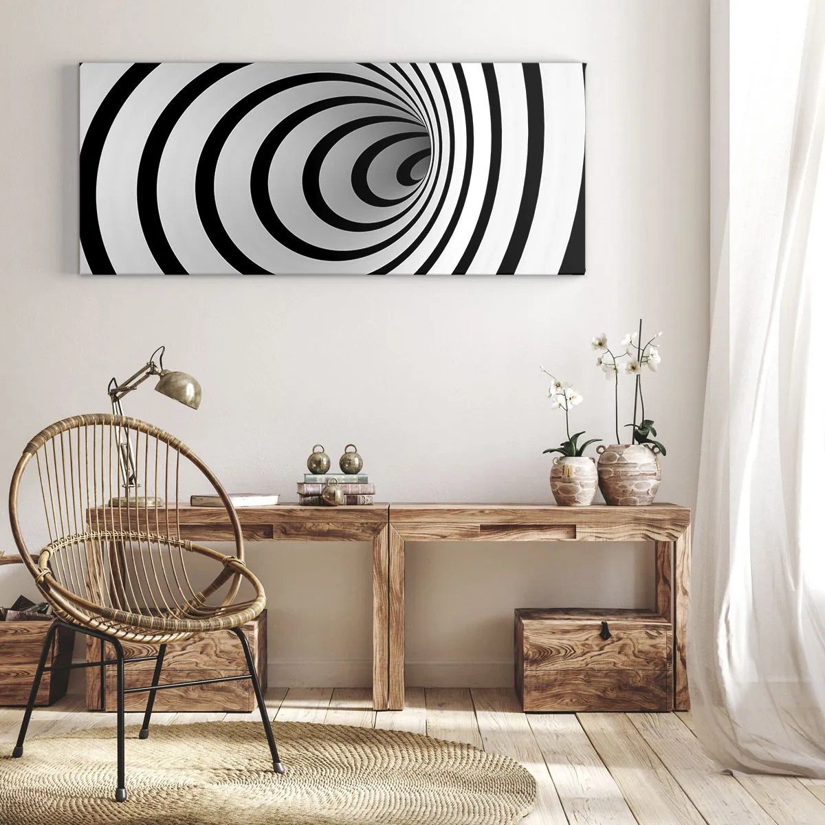 Impression sur toile - Image sur toile - Une spirale noire et blanche créant un effet hypnotique - 120x50cm - Tu ne peux pas y résister aussi ? - Décoration murale moderne pour le salon et la chambre ARTTOR