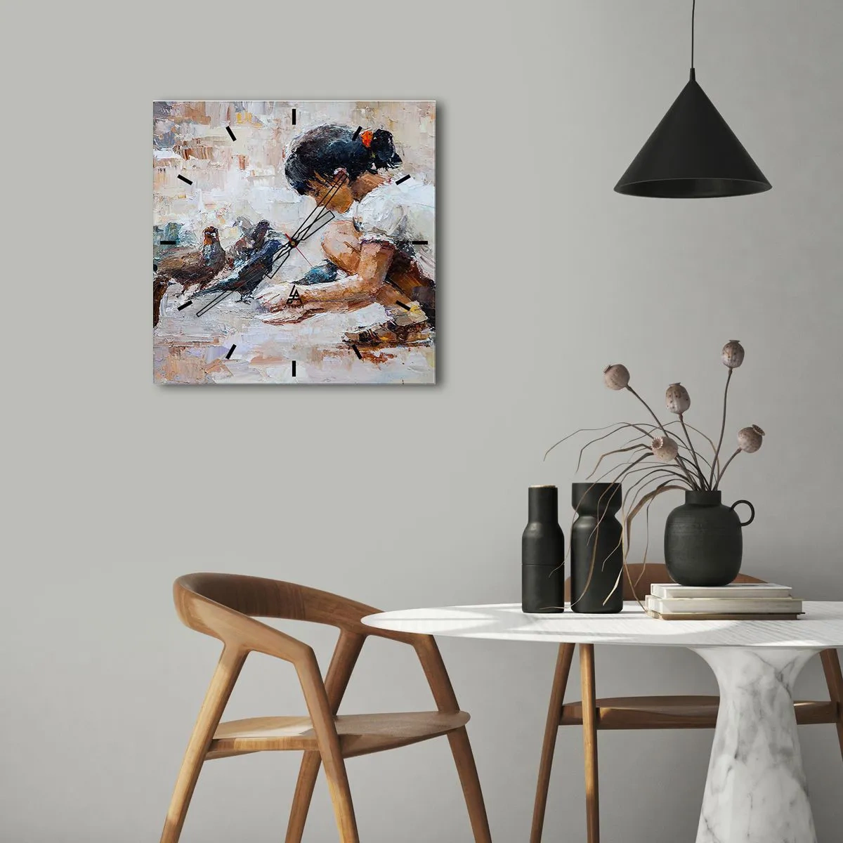 Horloge murale - Pendule murale - Une fille nourrissant des oiseaux dans un style pictural - 30x30cm - Les plus petits et les plus gentils - Décoration murale moderne pour le salon et la chambre ARTTOR