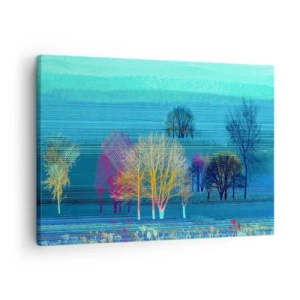 Impression sur toile - Image sur toile - Arbres colorés sur un paysage bleu et minimaliste - 70x50cm - Un paysage soigné - Décoration murale moderne pour le salon et la chambre ARTTOR