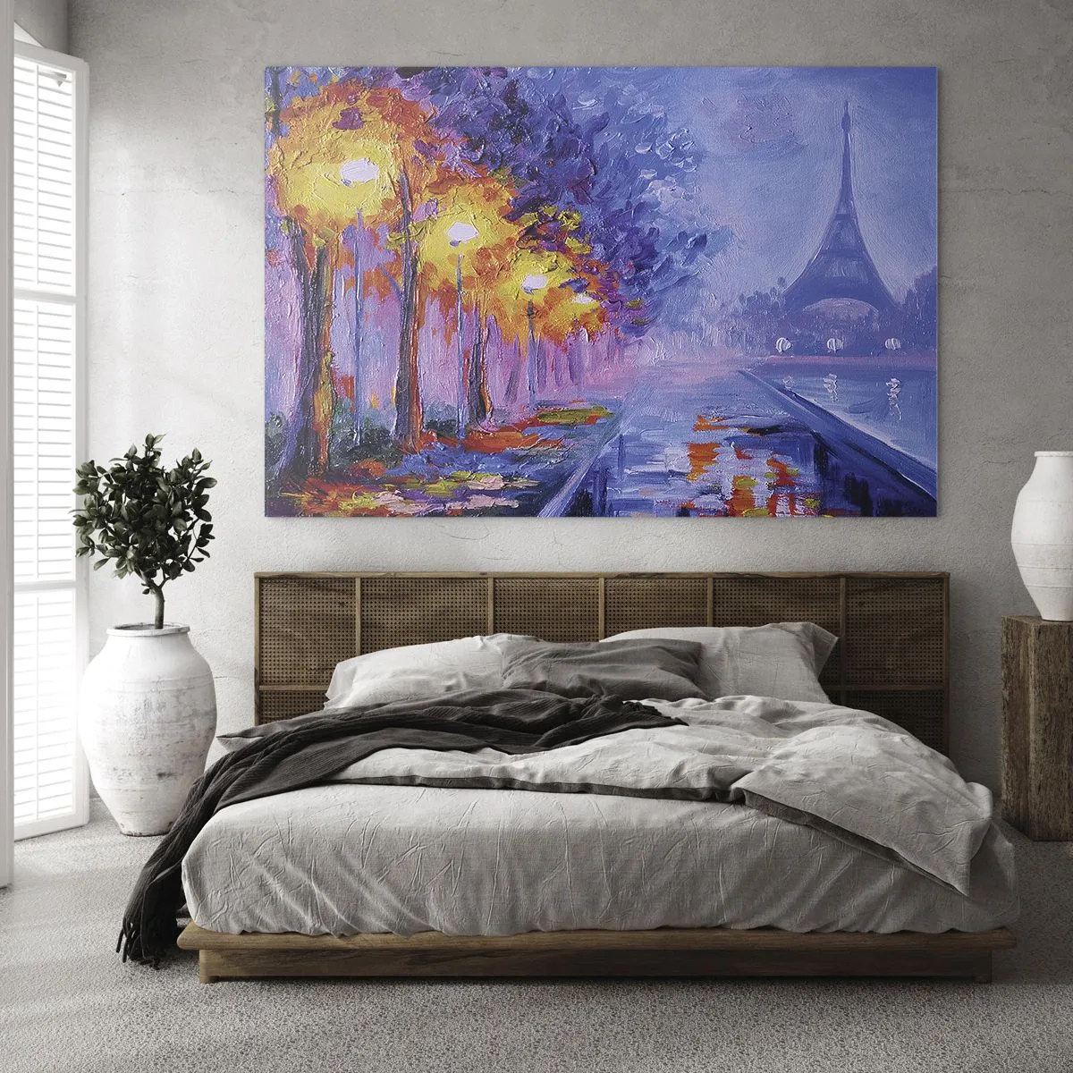 Impression sur verre - Image sur verre - Promenade nocturne à Paris avec la Tour Eiffel - 70x50cm - Une ballade idéale - Décoration murale moderne pour le salon et la chambre ARTTOR