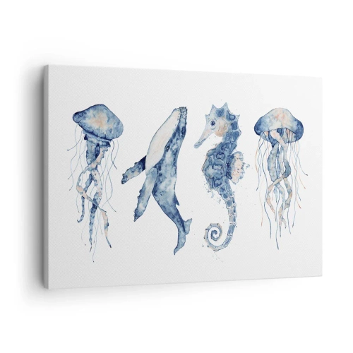 Impression sur toile - Image sur toile - Méduse, baleine et hippocampe dans un style aquarelle - 70x50cm - Merveilles de la mer - Décoration murale moderne pour le salon et la chambre ARTTOR
