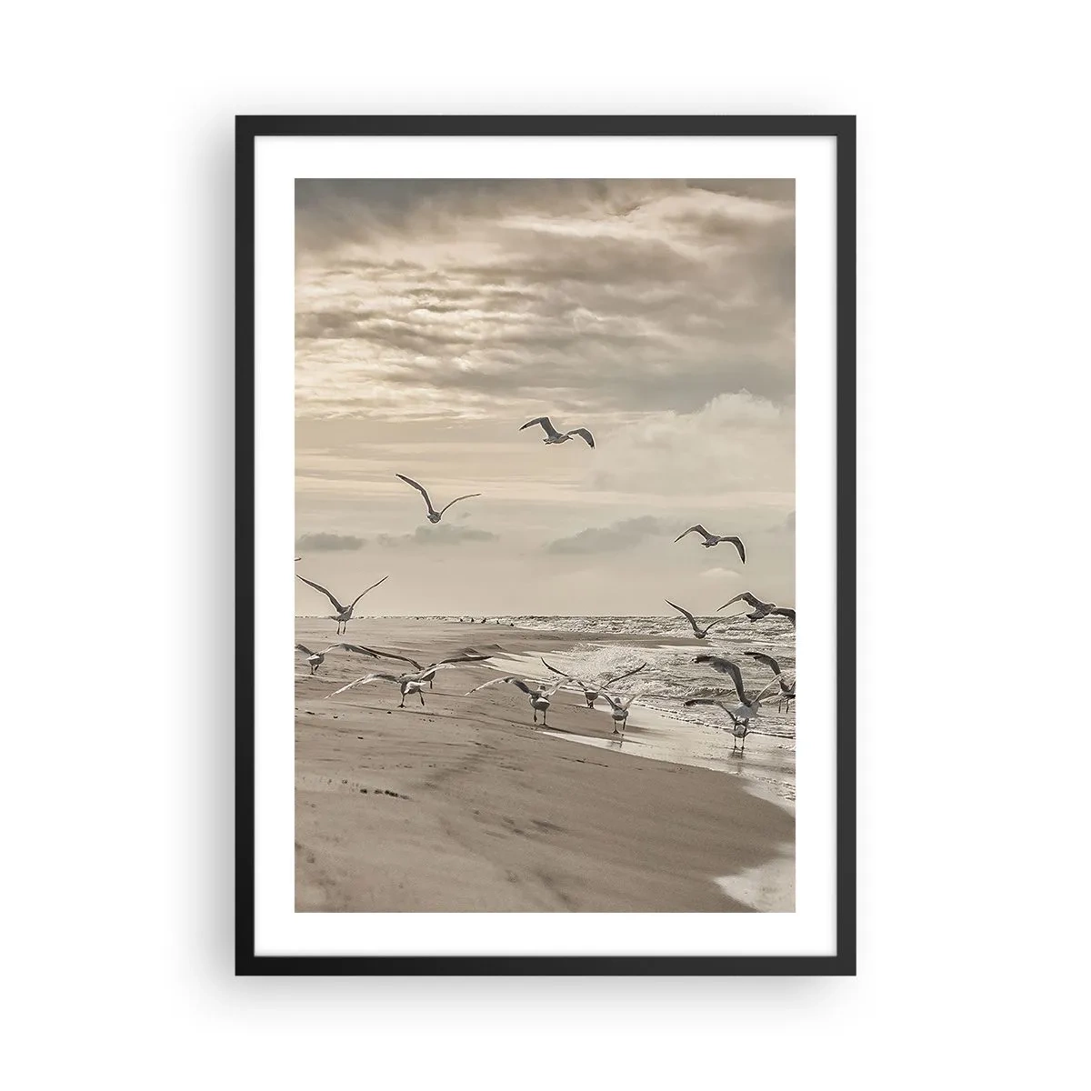 Affiche dans un cadre noir - Poster - Mouettes planant au-dessus du rivage sous un ciel nuageux - 50x70cm - Le bruit de la mer, le chant des oiseaux - Décoration murale moderne pour le salon et la chambre ARTTOR