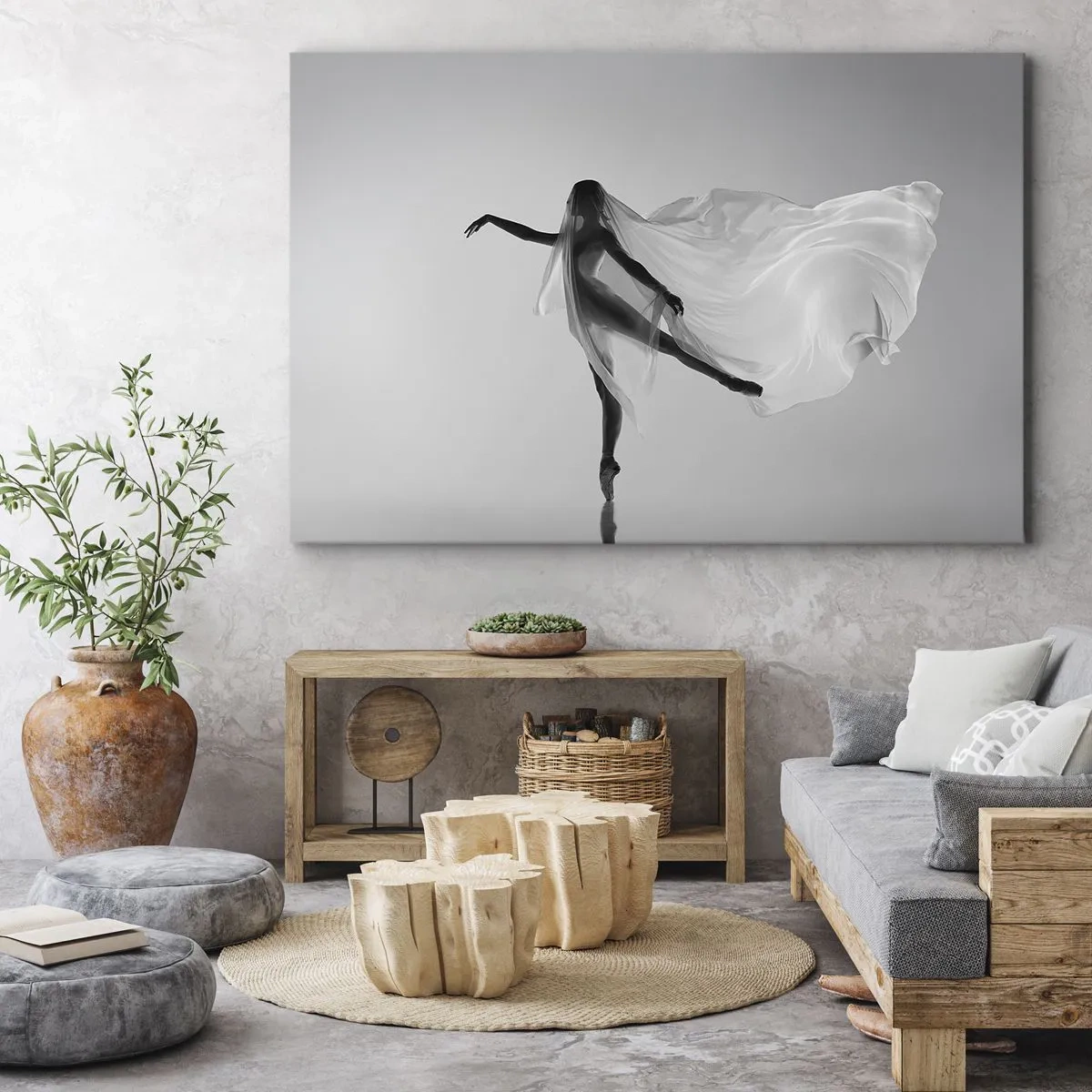 Impression sur toile - Image sur toile - Une danseuse dans une pose éthérée avec un tissu fluide - 120x80cm - Légèreté et grâce - Décoration murale moderne pour le salon et la chambre ARTTOR