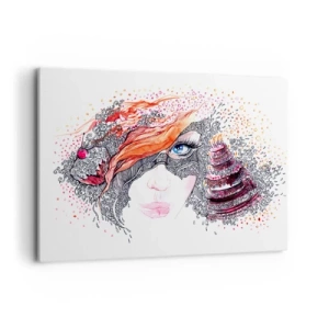 Impression sur toile - Image sur toile - Portrait artistique d'une femme avec des détails et un accent rouge - 100x70cm - Avec elle, c'est tous les jours la fête - Décoration murale moderne pour le salon et la chambre ARTTOR