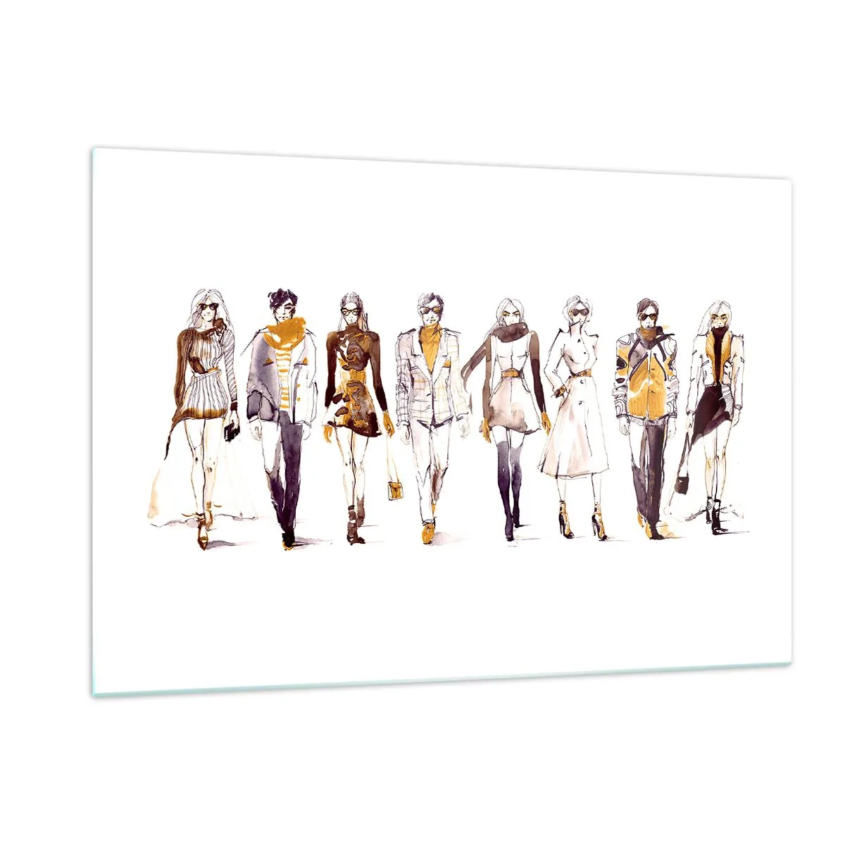 Impression sur verre - Image sur verre - Groupe de personnages à la mode dans un style croquis sur fond blanc - 120x80cm - Chic décontracté, élégance décontractée - Décoration murale moderne pour le salon et la chambre ARTTOR