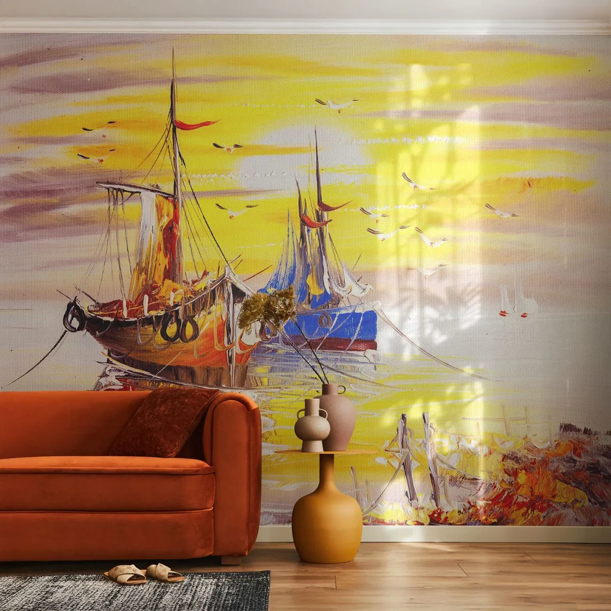 Papier Peint Photo Premium Sand - Voiliers sur une eau calme aux couleurs chaudes du coucher de soleil - 100x70cm - Un repos bien mérité au port - Décoration murale moderne pour le salon et la chambre ARTTOR
