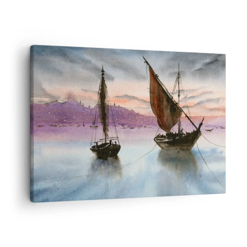 Impression sur toile - Image sur toile - Deux voiliers amarrés sur une eau calme au crépuscule - 70x50cm - Soirée au port - Décoration murale moderne pour le salon et la chambre ARTTOR