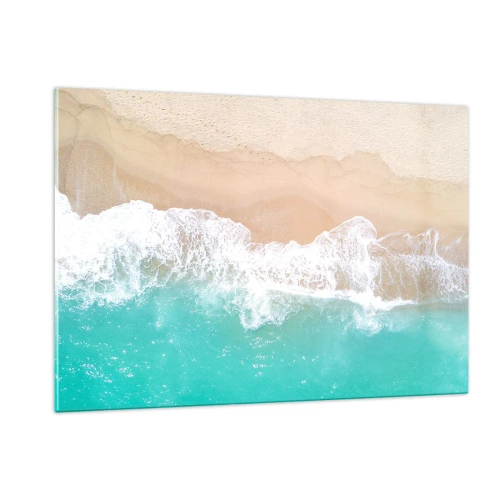 Impression sur verre - Image sur verre - Vue aérienne de la plage avec de l'eau turquoise et des vagues blanches - 120x80cm - Caresse de l'océan - Décoration murale moderne pour le salon et la chambre ARTTOR