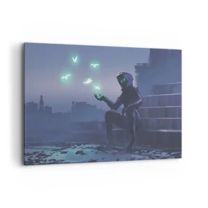 Impression sur toile - Image sur toile - Une silhouette encapuchonnée avec des oiseaux magiques en arrière-plan d'une ville - 120x80cm - La vie reviendra - Décoration murale moderne pour le salon et la chambre ARTTOR