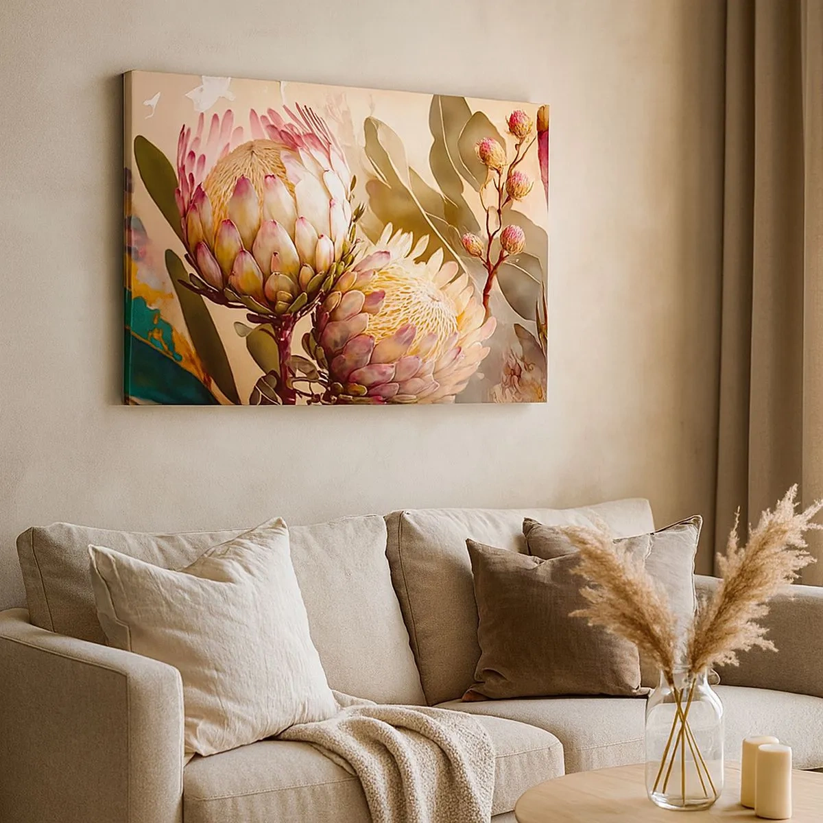 Impression sur toile - Image sur toile - Fleurs de protéa colorées sur un fond délicat - 70x50cm - Tendrement embrassé - Décoration murale moderne pour le salon et la chambre ARTTOR