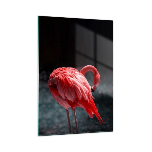 Impression sur verre - Image sur verre - Un flamant rose aux nuances intenses de rouge sur fond sombre - 50x70cm - Poème cramoisi de la nature - Décoration murale moderne pour le salon et la chambre ARTTOR
