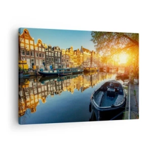 Impression sur toile - Image sur toile - Canal d'Amsterdam au coucher du soleil - 70x50cm - Début de journée à Amsterdam - Décoration murale moderne pour le salon et la chambre ARTTOR