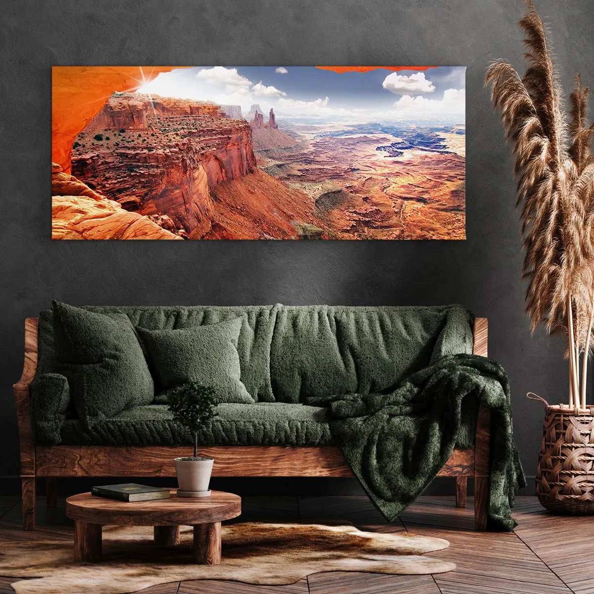 Impression sur toile - Image sur toile - Canyon vu à travers une fenêtre rocheuse aux tons rocheux chauds - 160x50cm - Sculpté par la nature elle-même - Décoration murale moderne pour le salon et la chambre ARTTOR