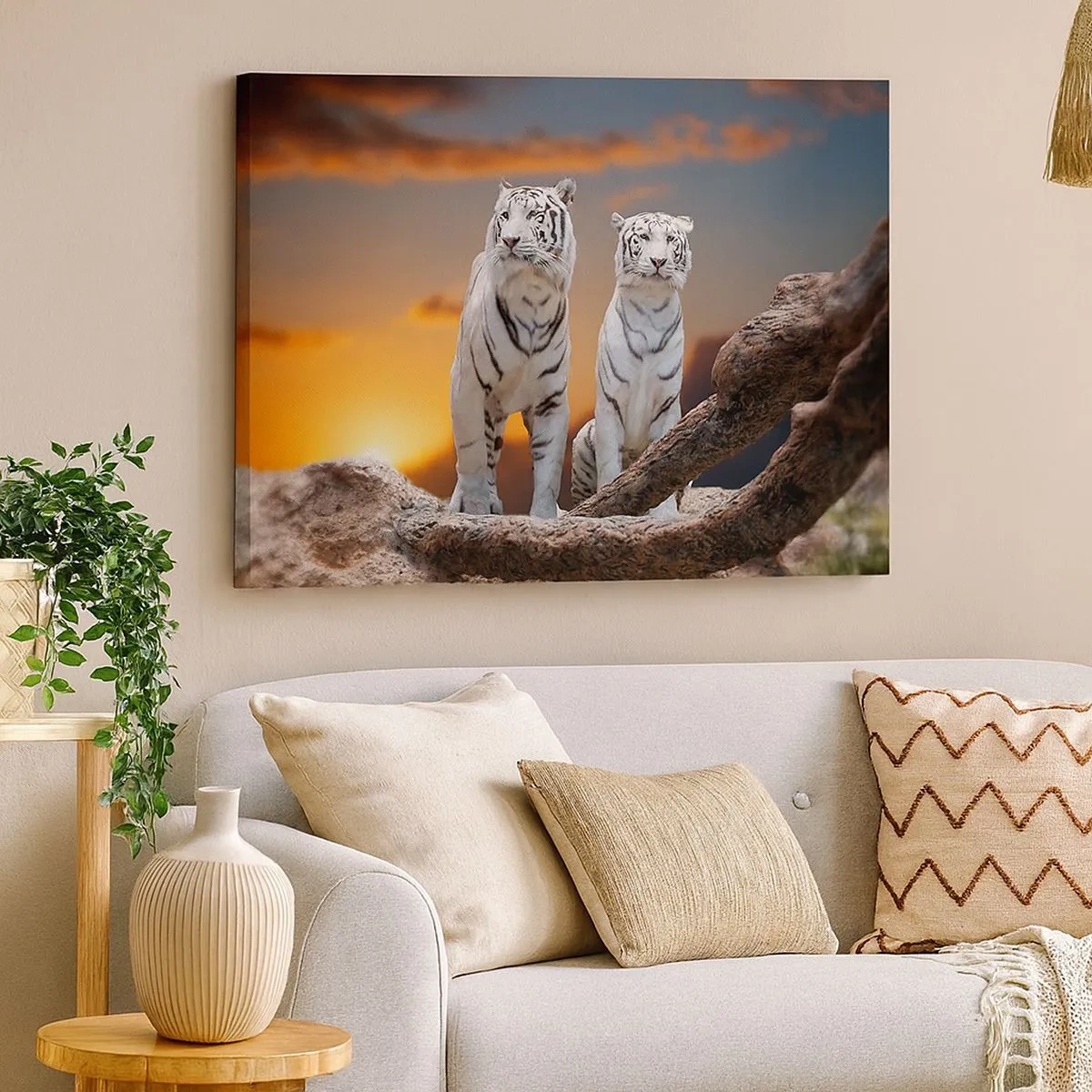 Impression sur toile - Image sur toile - Tigres blancs au soleil couchant sur fond de nature - 70x50cm - Tout comme à Narnia - Décoration murale moderne pour le salon et la chambre ARTTOR