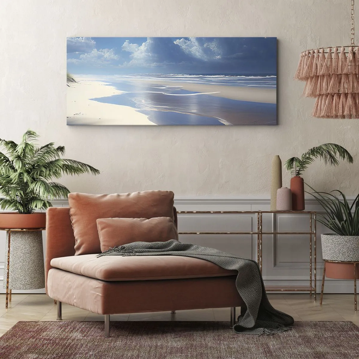 Impression sur toile - Image sur toile - Une plage de sable avec des vagues sous un ciel bleu - 160x50cm - Des vacances paradisiaques - Décoration murale moderne pour le salon et la chambre ARTTOR