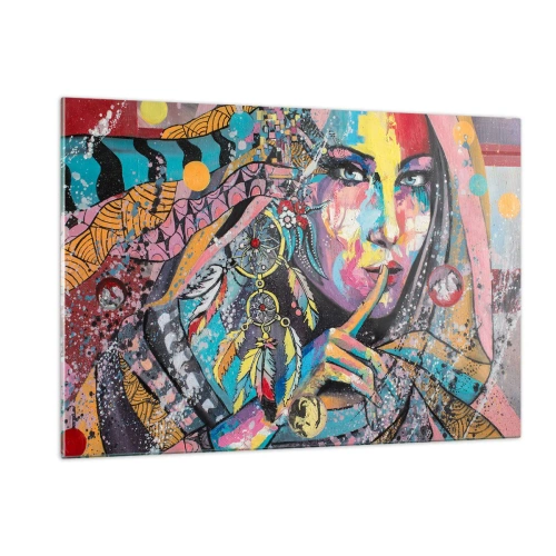 Impression sur verre - Image sur verre - Portrait coloré d'une femme avec des motifs ethniques et des plumes - 120x80cm - Taisez-vous jusqu'à ce que vous compreniez - Décoration murale moderne pour le salon et la chambre ARTTOR