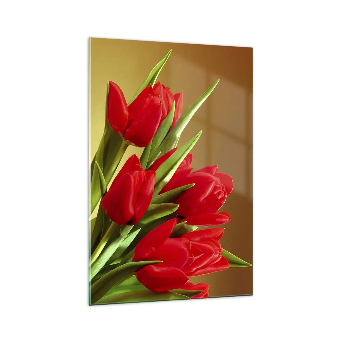 Impression sur verre - Image sur verre - Un bouquet de tulipes rouges sur fond doré avec des feuilles vertes. - 70x100cm - Amas de joie printanière - Décoration murale moderne pour le salon et la chambre ARTTOR