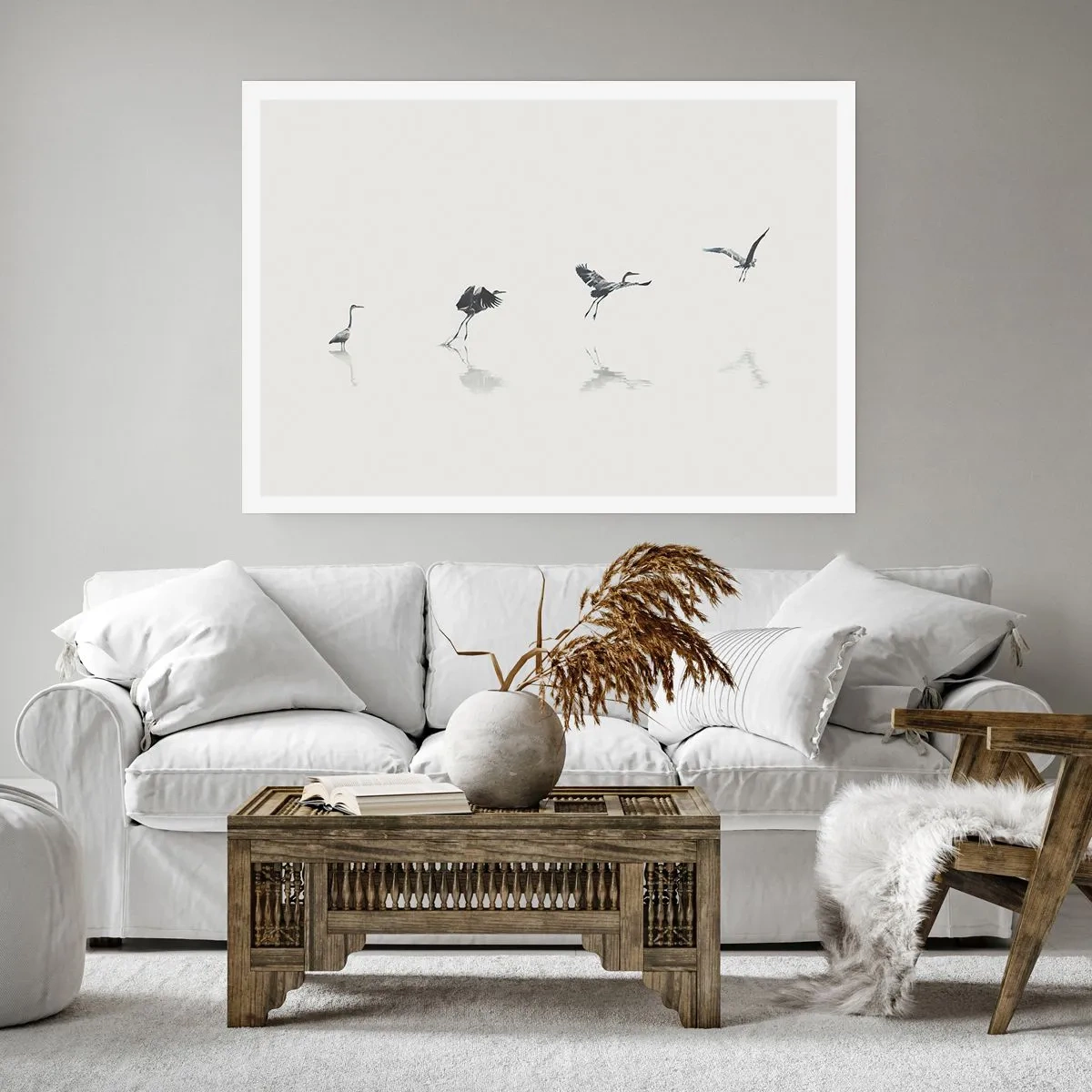 Affiche - Poster - Quatre silhouettes d'oiseaux se reflètent dans l'eau calme - 100x70cm - Quatre étapes simples - Décoration murale moderne pour le salon et la chambre ARTTOR