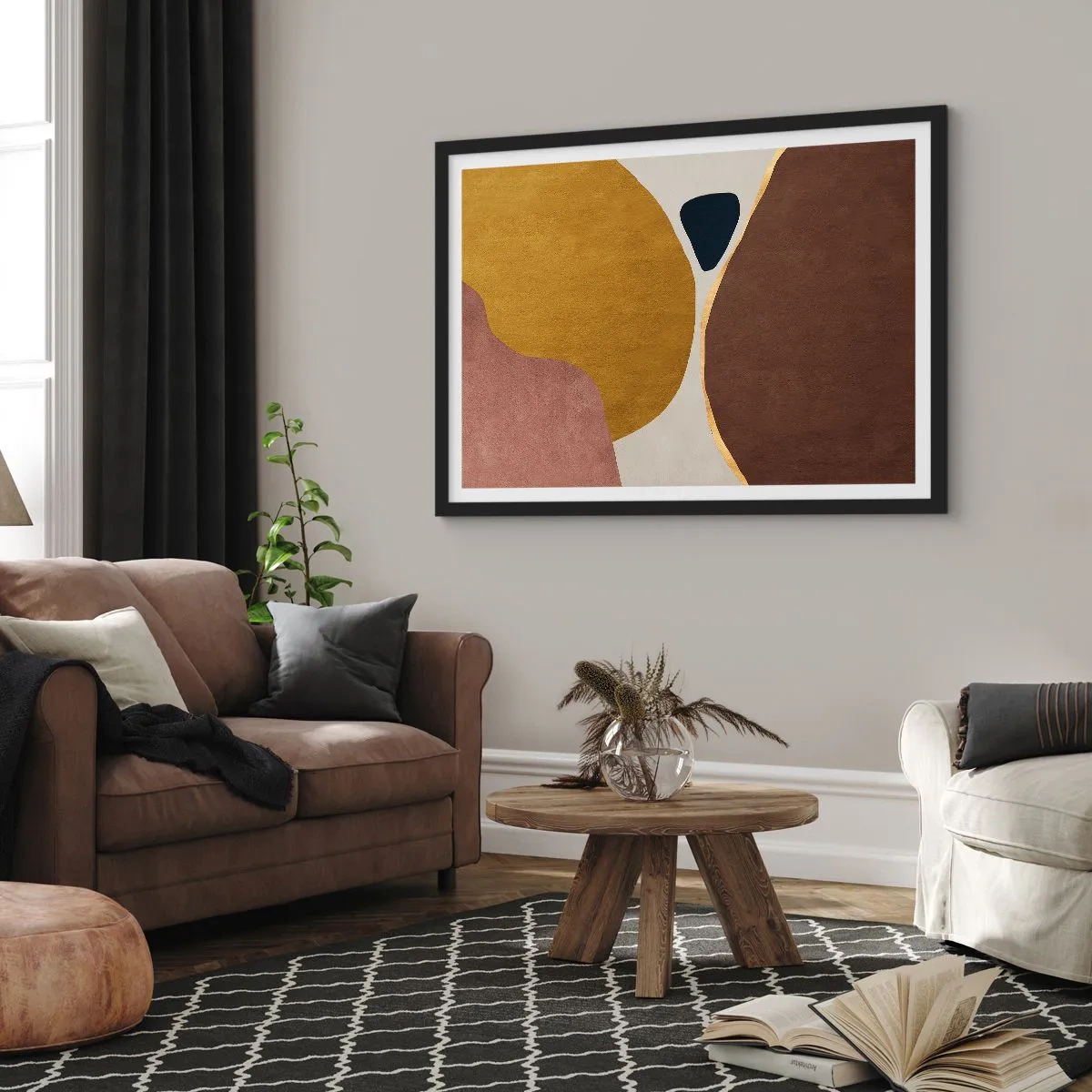 Affiche dans un cadre noir - Poster - Une composition abstraite avec des formes géométriques aux couleurs chaudes. - 100x70cm - L'abstraction – une place dans l'espace - Décoration murale moderne pour le salon et la chambre ARTTOR