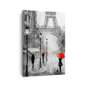 Impression sur toile - Image sur toile - Une rue avec vue sur la Tour Eiffel et des parapluies rouges - 50x70cm - Tous les chemins mènent à elle - Décoration murale moderne pour le salon et la chambre ARTTOR
