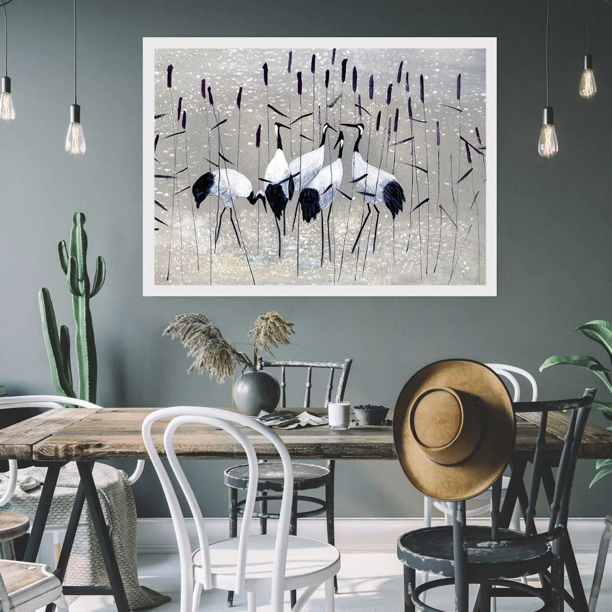 Affiche - Poster - Hérons dans l'herbe sur un fond paisible - 100x70cm - Parmi les siens - Décoration murale moderne pour le salon et la chambre ARTTOR