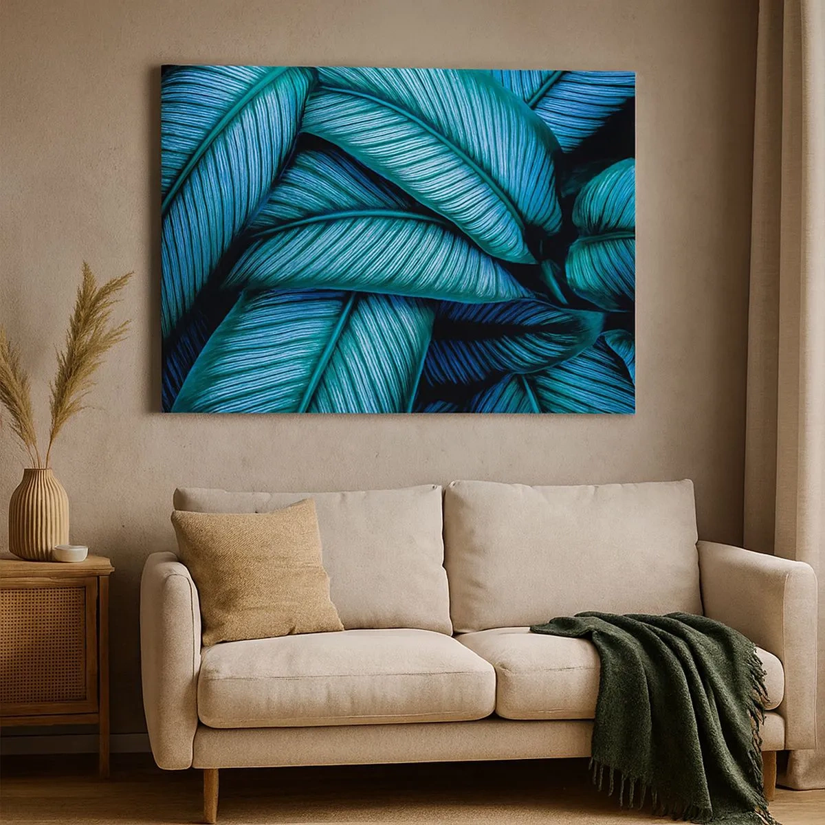 Impression sur toile - Image sur toile - Un gros plan de feuilles turquoise avec des détails vifs. - 70x50cm - Lignes de vie - Décoration murale moderne pour le salon et la chambre ARTTOR