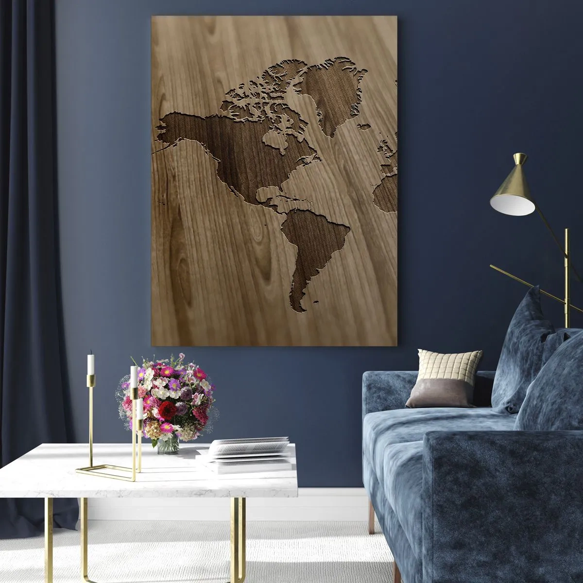 Impression sur verre - Image sur verre - Une carte du monde découpée sur une surface en bois - 80x120cm - Le monde est sur la table - Décoration murale moderne pour le salon et la chambre ARTTOR
