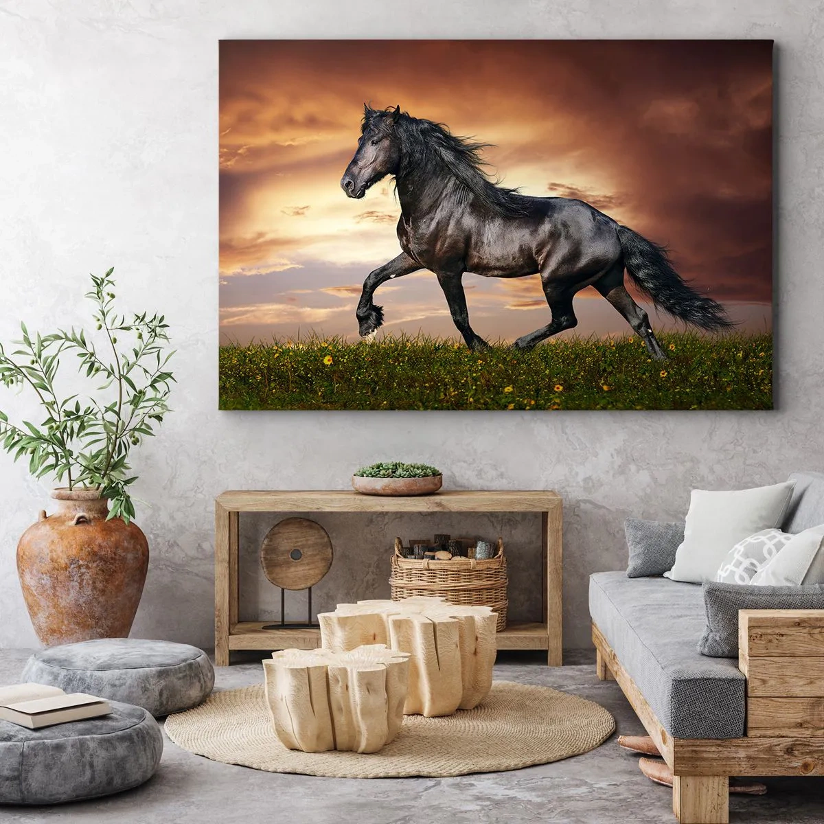 Impression sur toile - Image sur toile - Un cheval noir galopant contre le soleil couchant - 120x80cm - Livres noirs - Décoration murale moderne pour le salon et la chambre ARTTOR