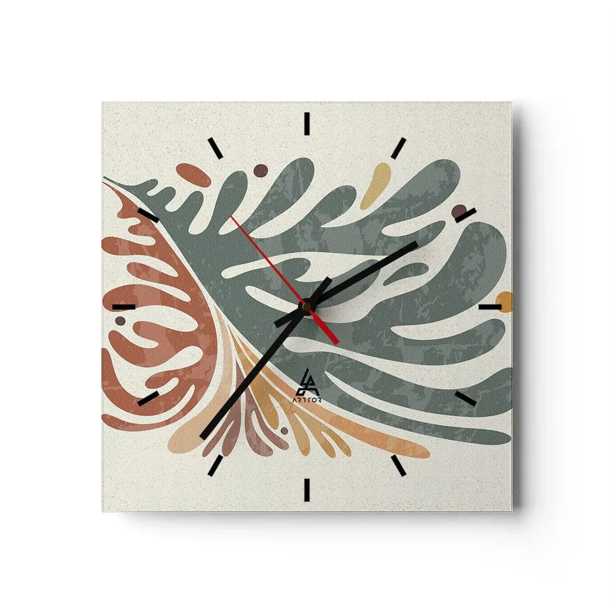 Horloge murale - Pendule murale - Feuille abstraite colorée sur fond clair - 30x30cm - Feuille multicolore - Décoration murale moderne pour le salon et la chambre ARTTOR