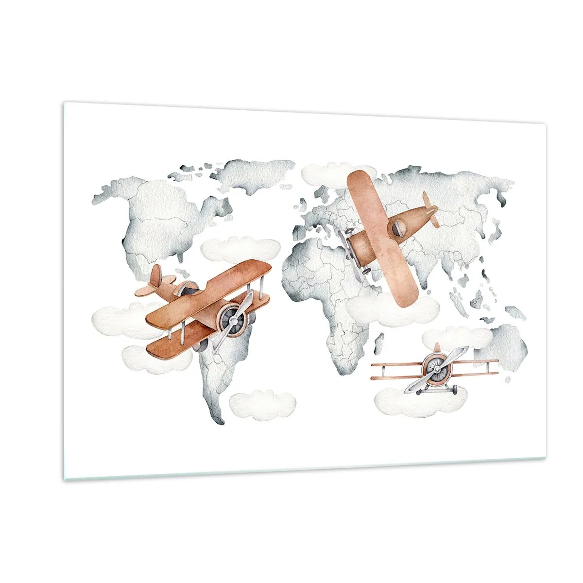 Impression sur verre - Image sur verre - Carte du monde des avions rétro pour les enfants - 120x80cm - Dans un esprit pionnier - Décoration murale moderne pour le salon et la chambre ARTTOR