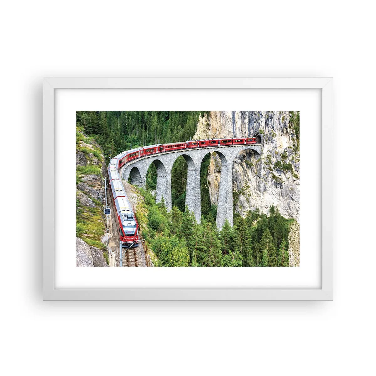 Affiche dans un cadre blanc - Poster - Chemin de fer avec vue sur la montagne - 40x30 cm