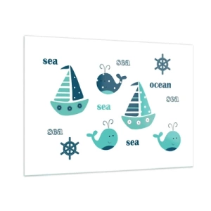 Impression sur verre - Image sur verre - Thème nautique avec voiliers et baleines - 100x70cm - À travers les mers et les océans - Décoration murale moderne pour le salon et la chambre ARTTOR