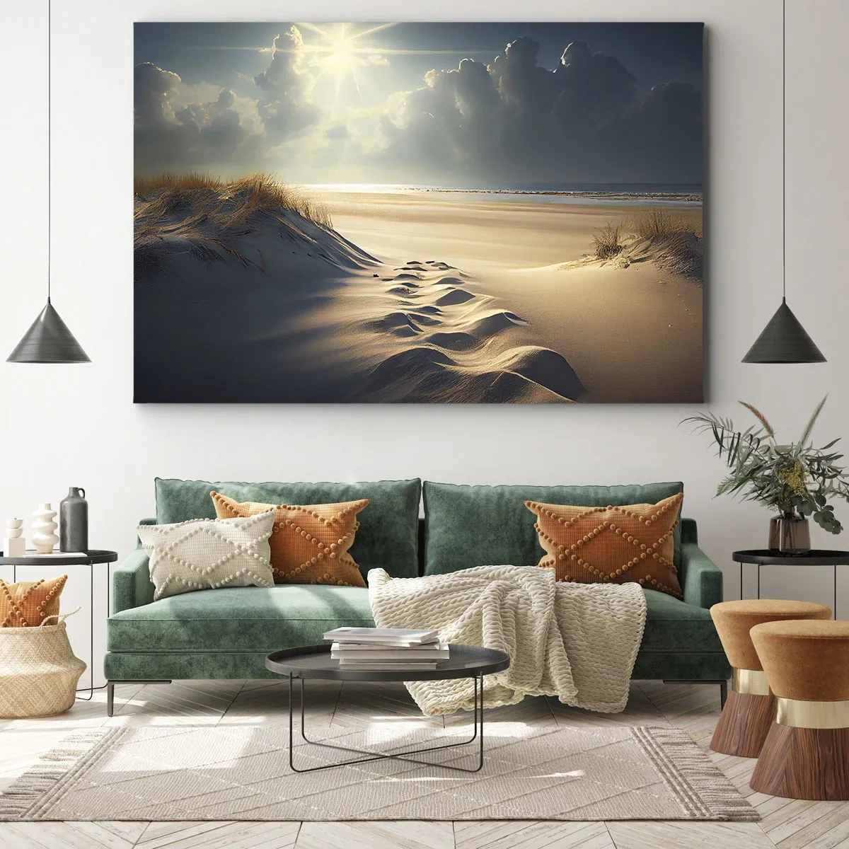 Impression sur toile - Image sur toile - Dunes dorées sur la plage au coucher du soleil avec vue sur la mer - 120x80cm - Un paysage apaisant - Décoration murale moderne pour le salon et la chambre ARTTOR