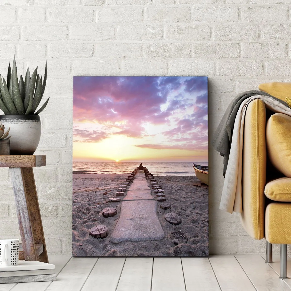 Impression sur toile - Image sur toile - Plage au lever du soleil avec bateau et jetée - 50x70cm - Moment d'expérience profonde - Décoration murale moderne pour le salon et la chambre ARTTOR